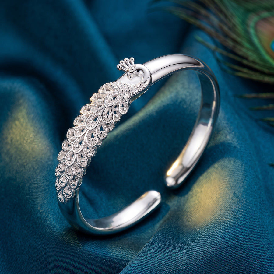 Elysia Silver Plume Cuff in 925 sterling silver on deep teal satin