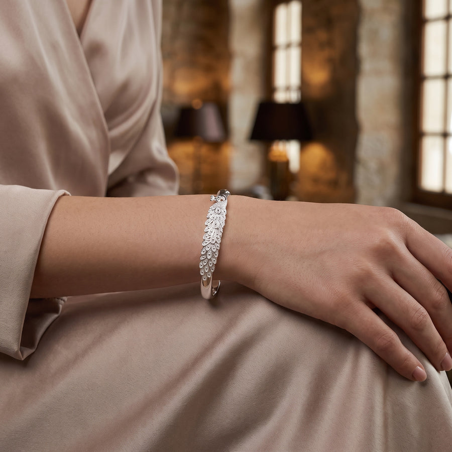 Elysia Silver Plume Cuff worn on the wrist